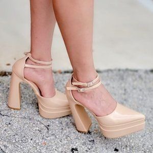 Women's Buckle Ankle Strap Patent Double Platform Pumps Nude Color